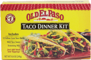Old El Paso taco dinner kit; 12 yellow corn taco shells, mild taco sauce, seasoning mix 8.8 ounce