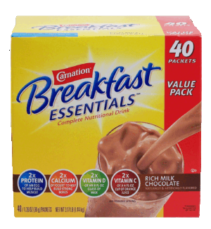 Carnation Breakfast Essentials rich milk chocolate complete nutrition drink, 1.26-oz. packets 40 count