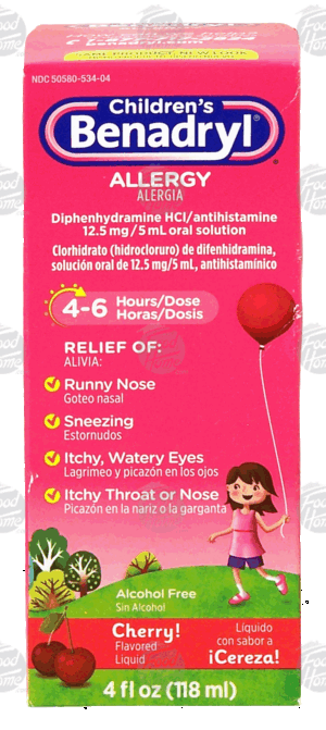 Benadryl Children's allergy, diphenhydramine HCI 12.5-mg. cherry flavor syrup 4 fluid ounce