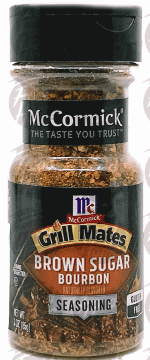 McCormick Grill Mates brown sugar bourbon seasoning. plastic jar 3 ounce