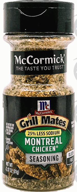 Mc Cormick Grill Mates montreal chicken seasoning, 25% less sodium, plastic jar 2.87 ounce