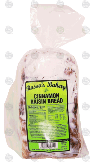 Russo's Bakery cinnamon raisin bread, sliced, white frosting coating 16 ounce