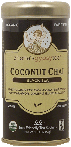 Zhena's Gypsy tea coconut chai black tea, ceylon & assam tea blend, 22-eco friendly tea sachets 2.33 ounce