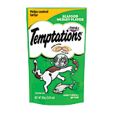 Whiskas Temptations cat treats, seafood medley flavour, tartar control, crunchy outside, soft inside 3 ounce
