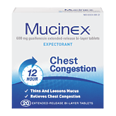 Mucinex relieves chest congestion, thins and loosens mucus, guaifenesin 600 mg 20 count