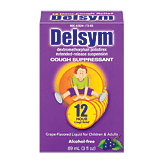 Delsym dextromethorphan polistirex cough suppressant, grape flavor for children & adults 3 fluid ounce