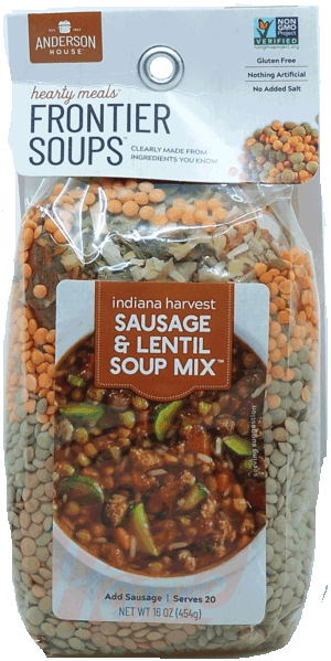 Anderson House Frontier Soups indiana harvest; sausage & lentil soup mix, add sausage, serves 20 16 ounce
