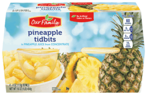 Our Family pineapple tidbits in juice, 4-oz. plastic tubs 4 pack