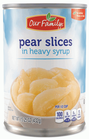 Our Family pears in heavy syrup, sliced 15.25 ounce