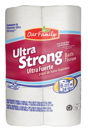 Our Family Ultra Strong bath tissue, 308 2-ply sheets per roll, unscented 6 count