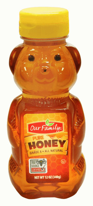 Our Family honey, pure, grade a 12 ounce