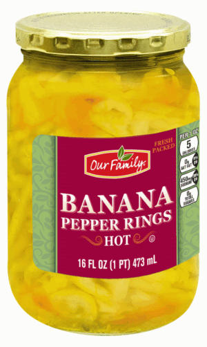 Our Family banana pepper rings, hot, glass jar 16 fluid ounce