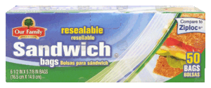 Our Family sandwich bags, resealable, 6 1/2-in x 5 7/8-in 50 count