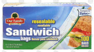 Our Family sandwich bags, resealable, 6 1/2-in x 5 7/8-in 100 count