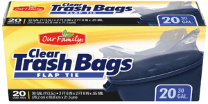 Our Family clear trash bags, flap tie, 30-gallon 20 count