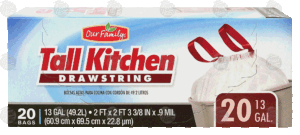 Our Family tall kitchen drawstring trash bags, 13-gallon 20 count