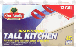 Our Family drawstring tall kitchen trash bags, 13-gallon 45 count