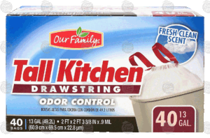 Our Family Odor Control tall kitchen drawstring trash bag, 13-gallon, fresh clean scent 40 count