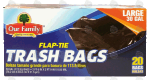 Our Family trash bags, flap-tie, large 30-gallon 20 count