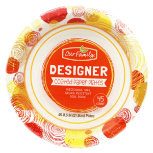 Our Family Designer coated paper plates, microwave safe 45 count