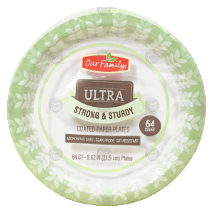 Our Family Ultra coated paper plates, strong & sturdy, microwave safe, 8.62-inch 64 count