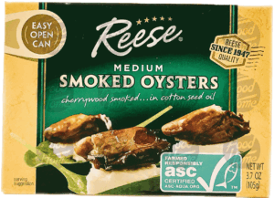 Reese medium smoked oysters fancy cherry wood in cottonseed oil 3.7 ounce