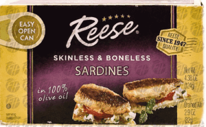 Reese skinless & boneless sardines, in 100% olive oil, sealed can 4.38 ounce