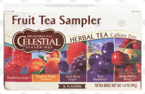 Celestial Seasonings Fruit Tea Sampler herbal tea, caffeine free, raspberry, peach, wild berry, blueberry, black cherry, 18-bags 1.4 ounce
