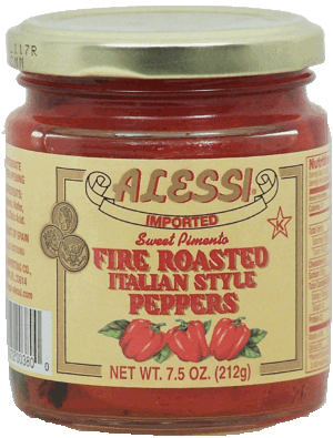 Alessi Imported fire roasted italian style peppers, sweet pimento 7.5 ounce