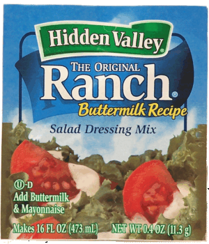 Hidden Valley original ranch salad dressing mix, buttermilk recipe add buttermilk & mayonnaise makes 16 fl. oz. 0.4 ounce