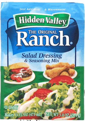 Hidden Valley original ranch seasoning & salad dressing dry mix just add milk & mayonnaise makes 16 fl. oz. 1 ounce
