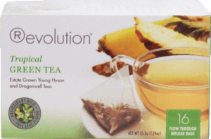 Revolution tropical green tea, estate grown young hyson and dragonwell teas, 16- flow through infuser bags 1.24 ounce