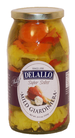 Delallo Super Select mild giardiniera, cauliflower, red peppers, carrots, celery, pepperoncini 25.5 ounce