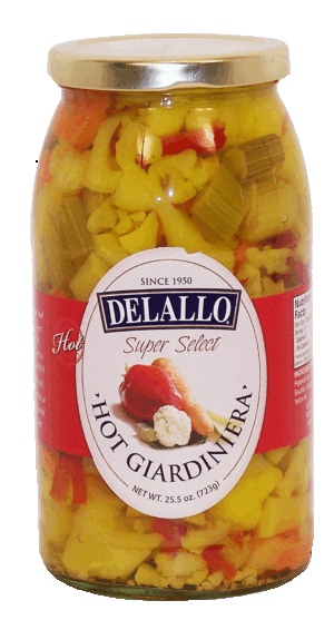 Delallo Super Select hot giardiniera, cauliflower, red peppers, carrots, celery, pepperoncini 25.5 ounce