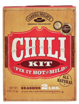 Carroll Shelby's original texas brand chili kit makes 6 servings, fix it hot or mild 4 ounce