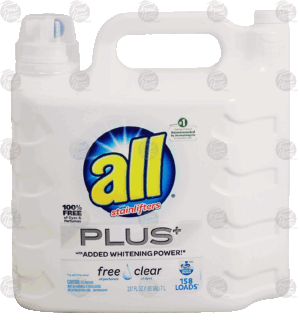 All Plus liquid laundry detergent with added whitening power, free & clear of perfumes or dyes, 158 loads 237 fluid ounce