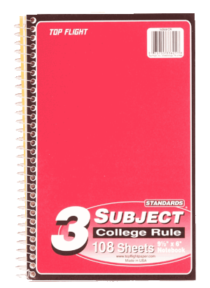 Top Flight 3 subject college rule notebook, 108 sheets, 9 1/2in x 6in 1 count
