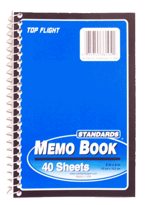 Top Flight Standards memo book, 40 sheets, 6 x 4 in, side open, spiral bound 1 count