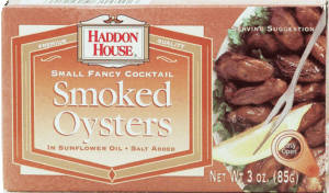 Haddon House small fancy cocktail smoked oysters in sunflower oil, salt added 3 ounce