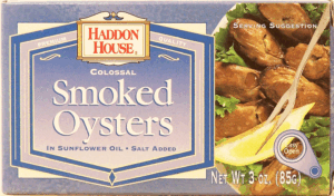 Haddon House colossal smoked oysters in sunflower oil, salt added 3 ounce