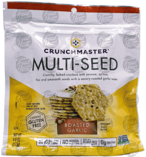 Crunchmaster Multi-Seed roasted garlic baked whole grain crackers, resealable bag 4 ounce