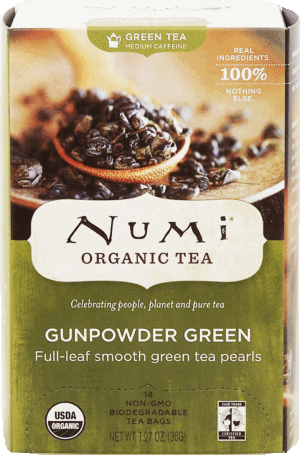 Numi organic tea gunpowder green, full-leaf smooth green tea pearls, 18-bags 1.27 ounce