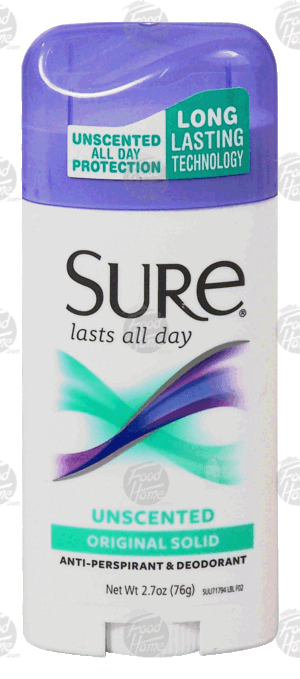 Sure anti-perspirant & deodorant, original solid, unscented 2.7 ounce