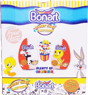 Bonart Looney Tunes Surprises stuff like bubbles, chewy candy, lollipop, play dough, activity book, case of 12 eggs 12 pack