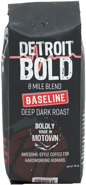 Detroit Bold baseline deep dark roast 8 mile ground coffee, bag 16 ounce