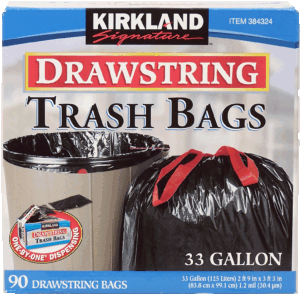 Kirkland Signature drawstring trash bags, 33 gallon, 2-ft 9-in, 3-ft 3-in 90 count