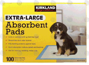 Kirkland Signature absorbent pads for puppy training, human incontinence, or messy jobs, 30-in x 23-in 100 count