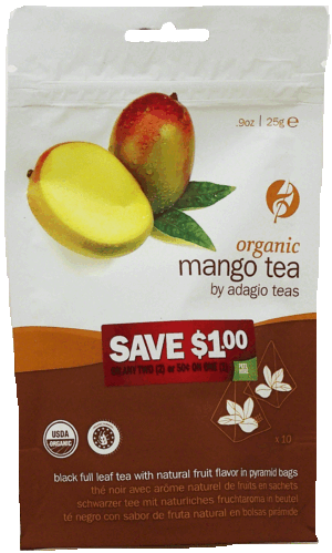 Adagio mango tea, black full leaf tea with natural fruit flavor in 10 pyramid bags 0.9 ounce
